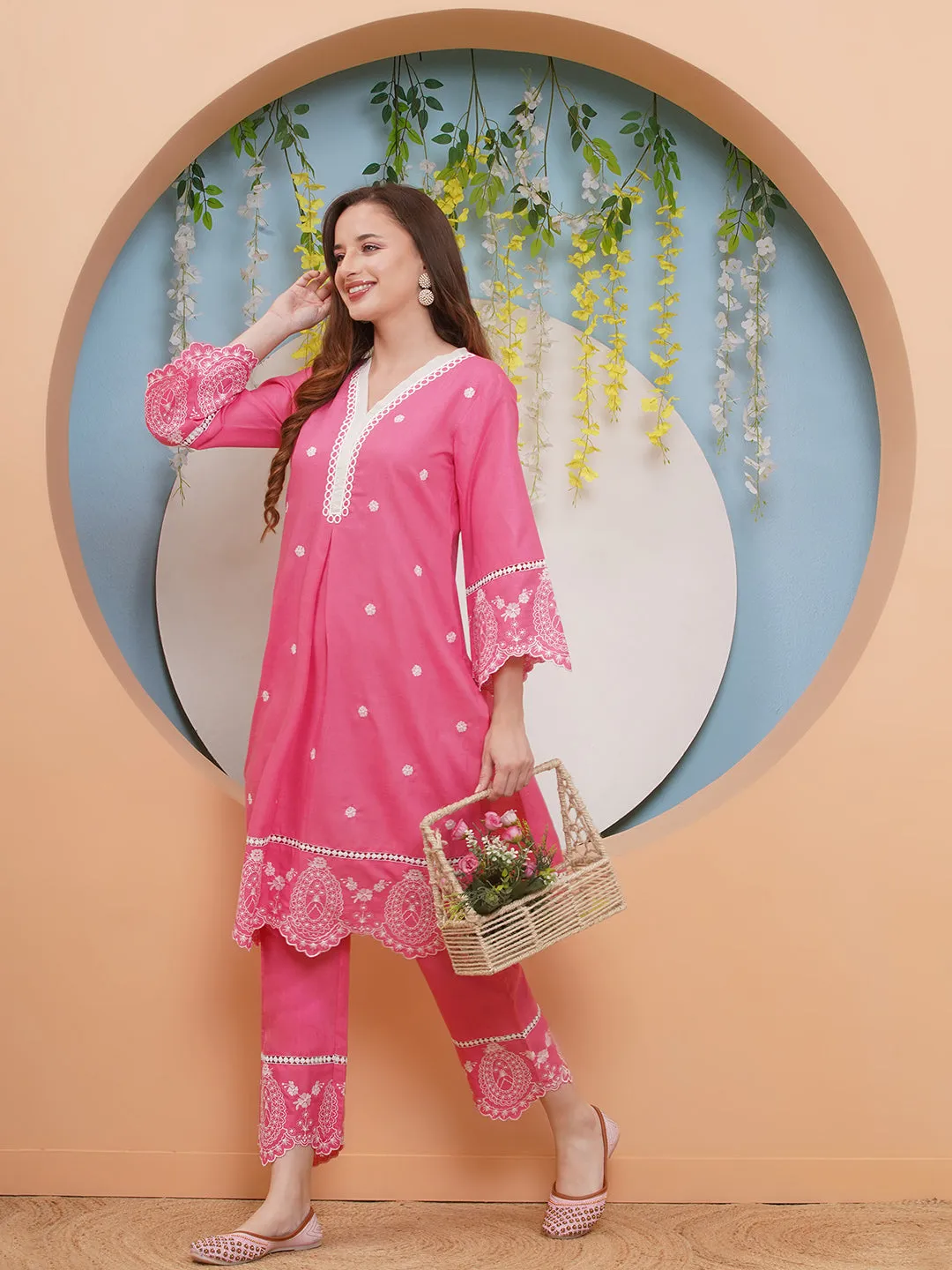 Jashvi Pink Colour Embroidered Kurta set