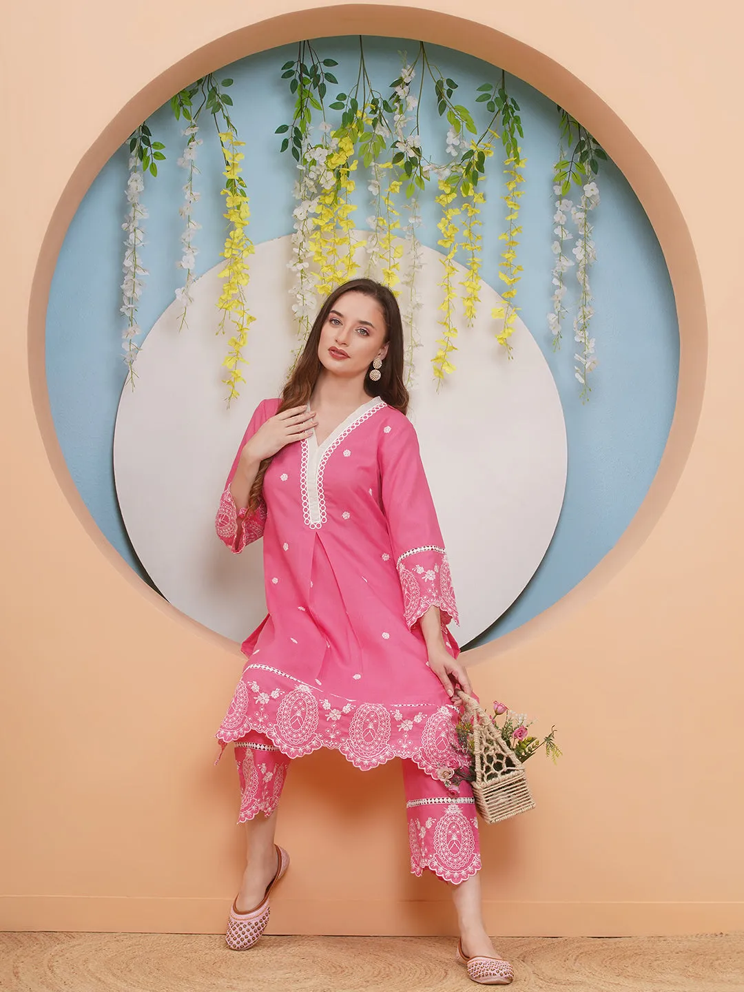 Jashvi Pink Colour Embroidered Kurta set