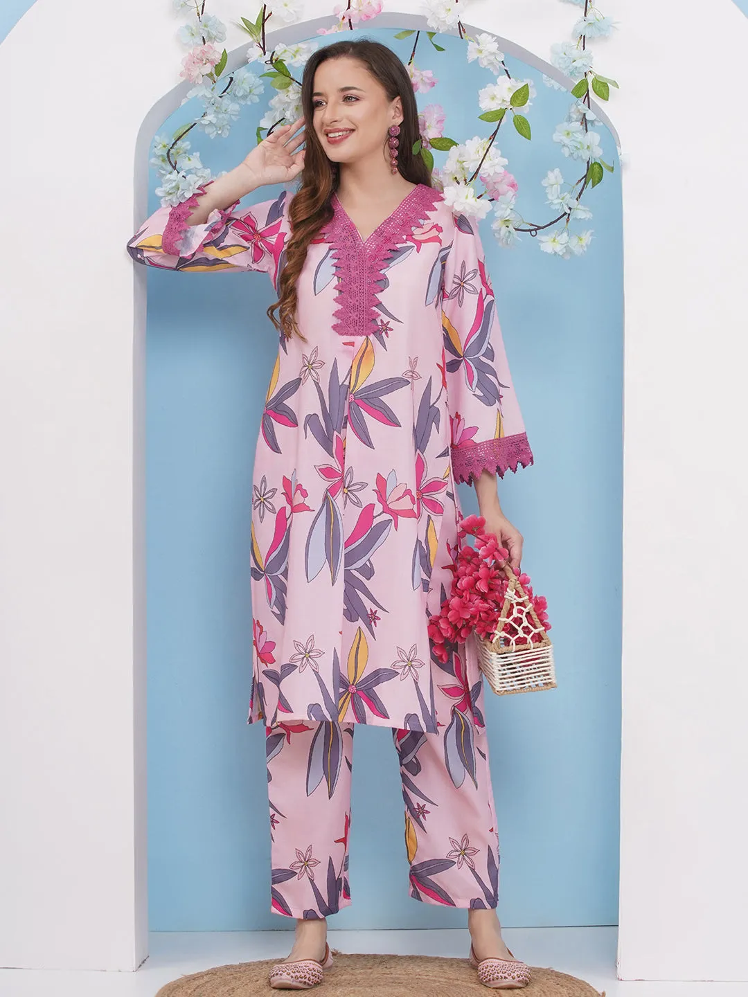 Jashvi Pink With Multi Colour Floral Printed Kurta set