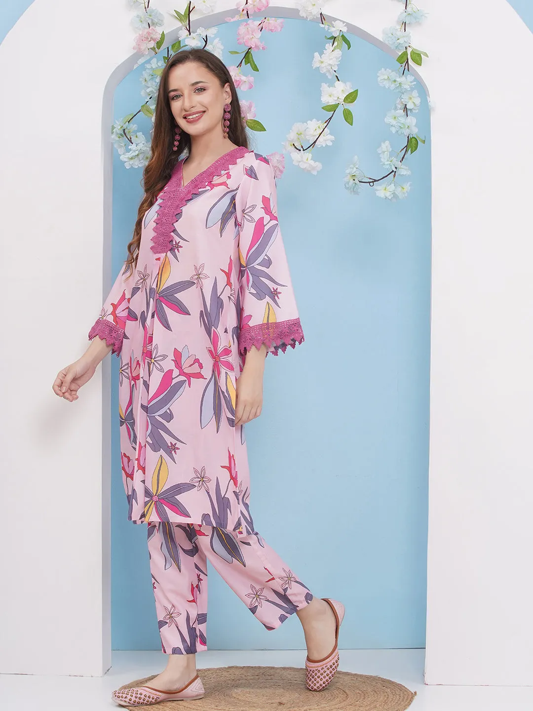 Jashvi Pink With Multi Colour Floral Printed Kurta set