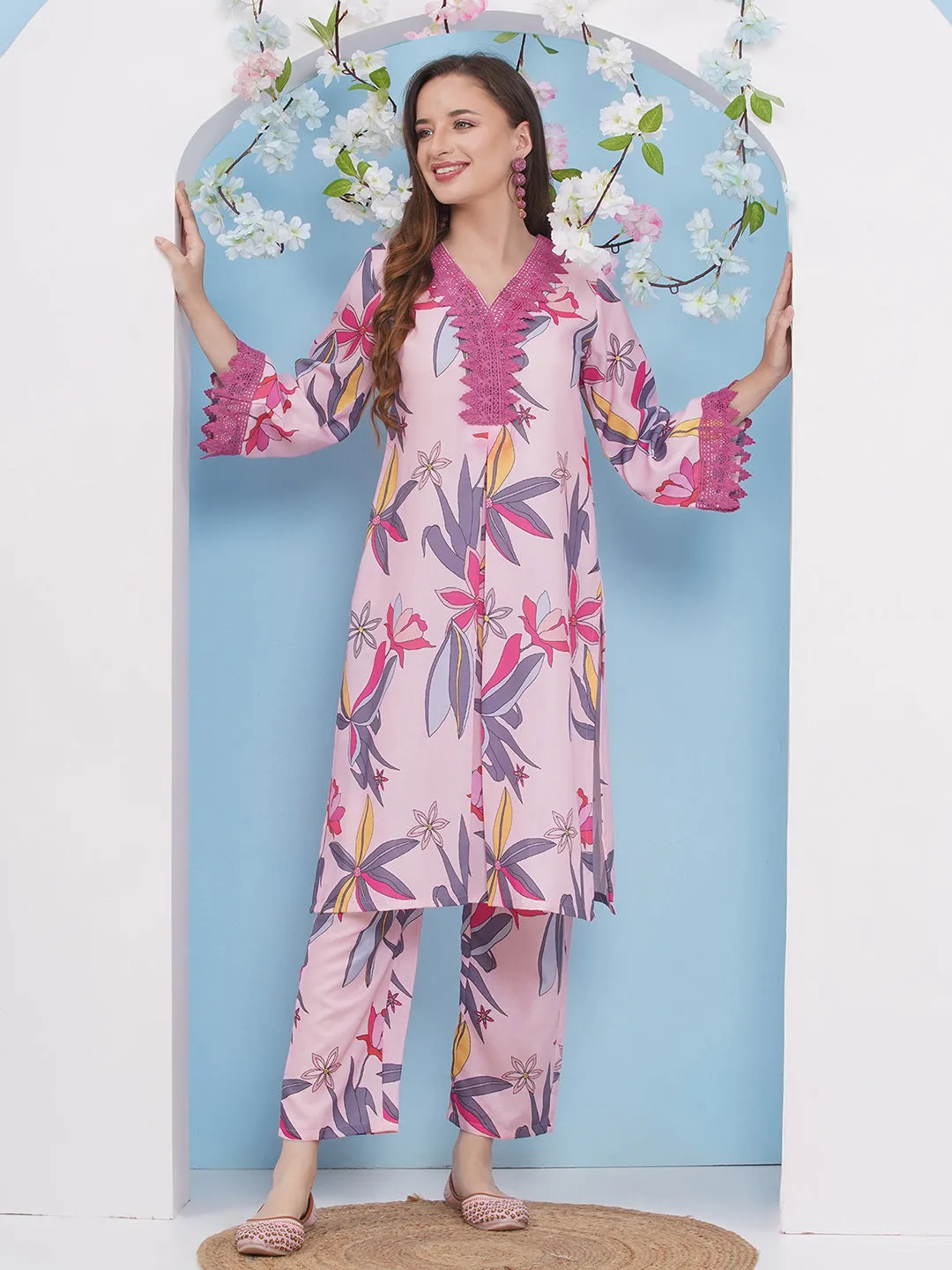 Jashvi Pink With Multi Colour Floral Printed Kurta set