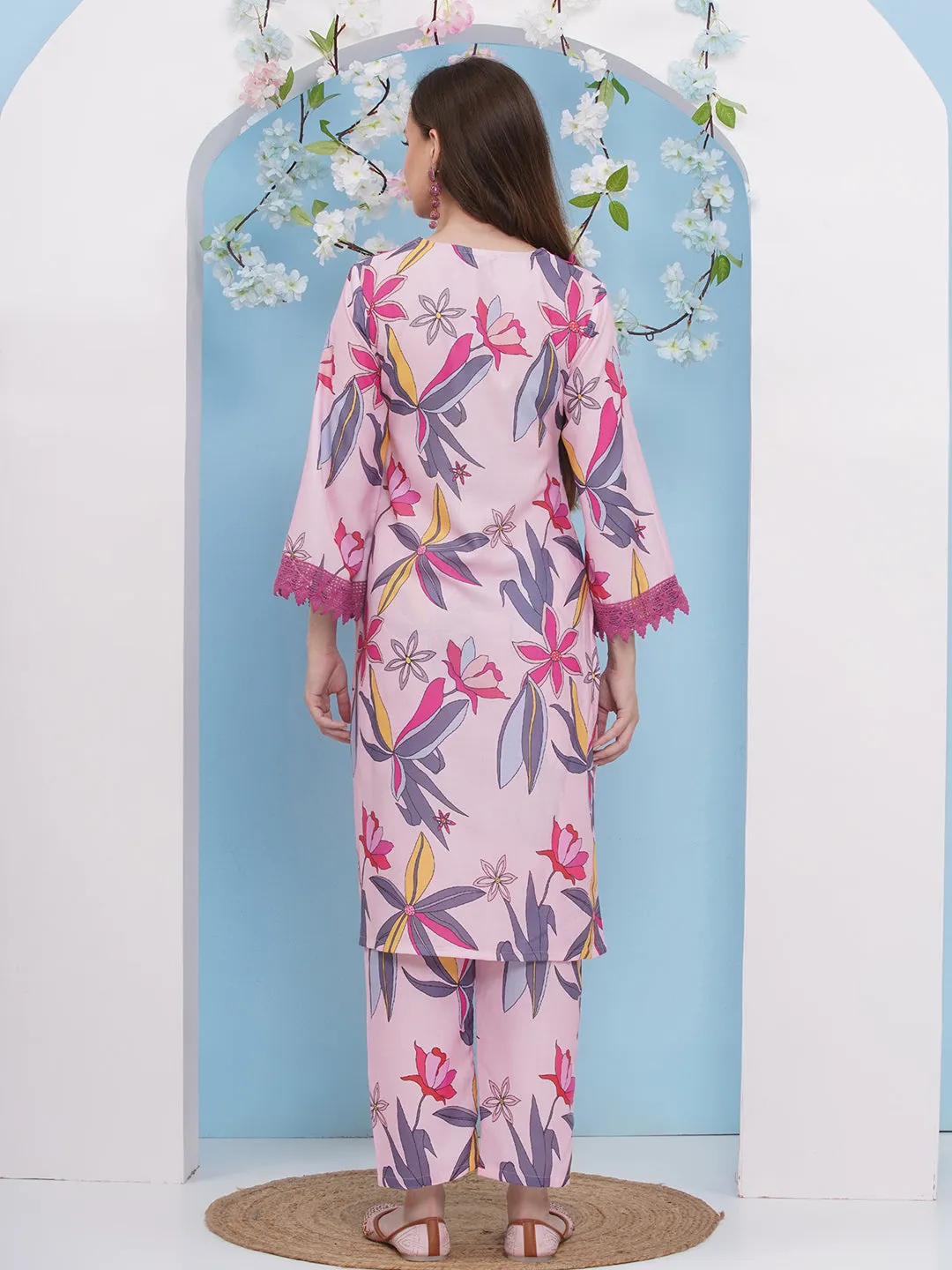 Jashvi Pink With Multi Colour Floral Printed Kurta set