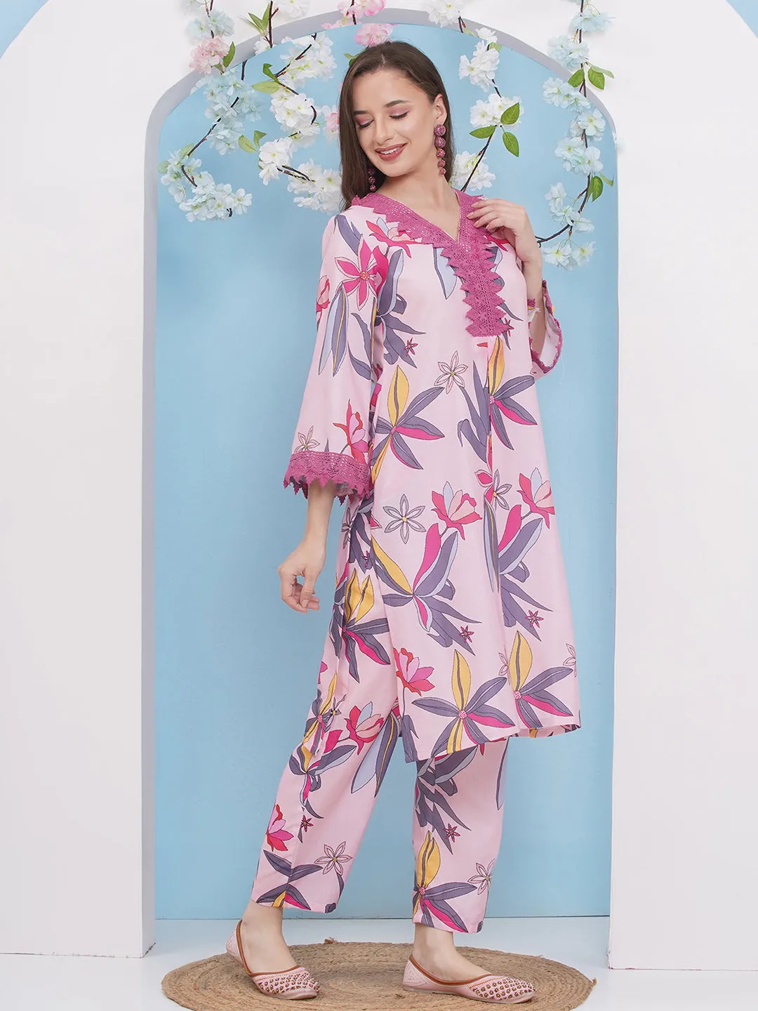 Jashvi Pink With Multi Colour Floral Printed Kurta set