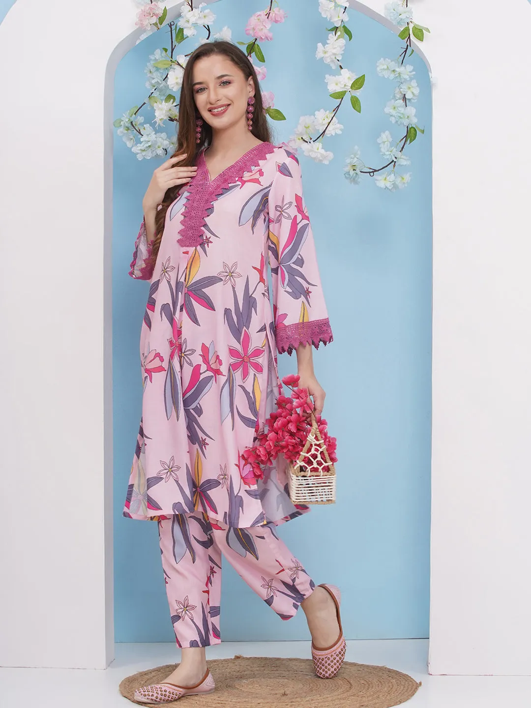 Jashvi Pink With Multi Colour Floral Printed Kurta set