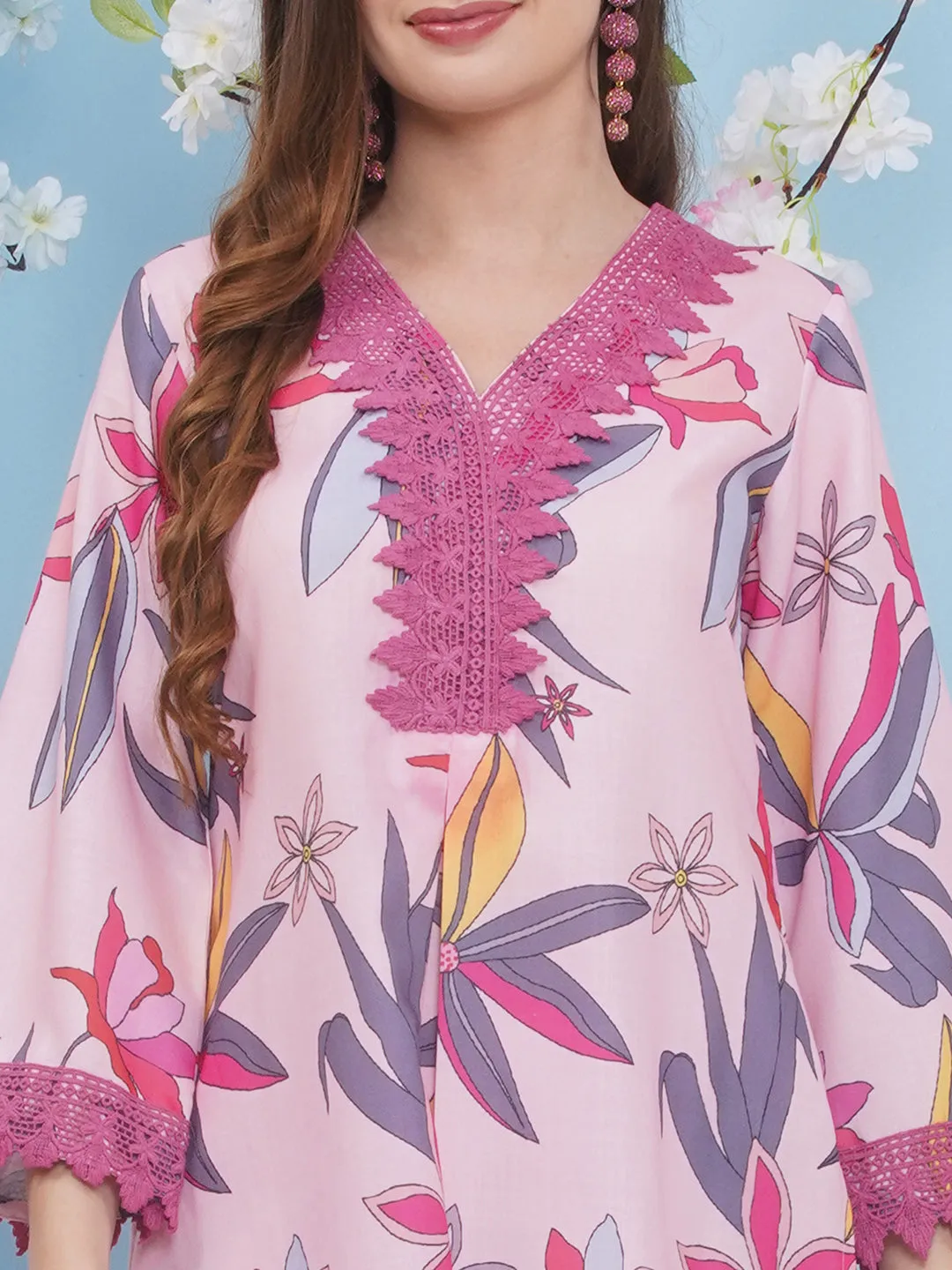 Jashvi Pink With Multi Colour Floral Printed Kurta set