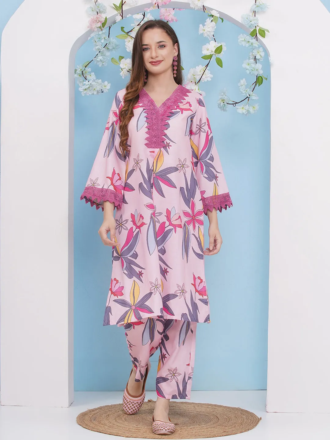 Jashvi Pink With Multi Colour Floral Printed Kurta set