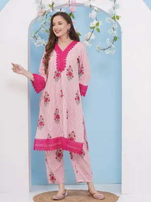 Jashvi White & Pink Floral With Stripes Printed Kurta set