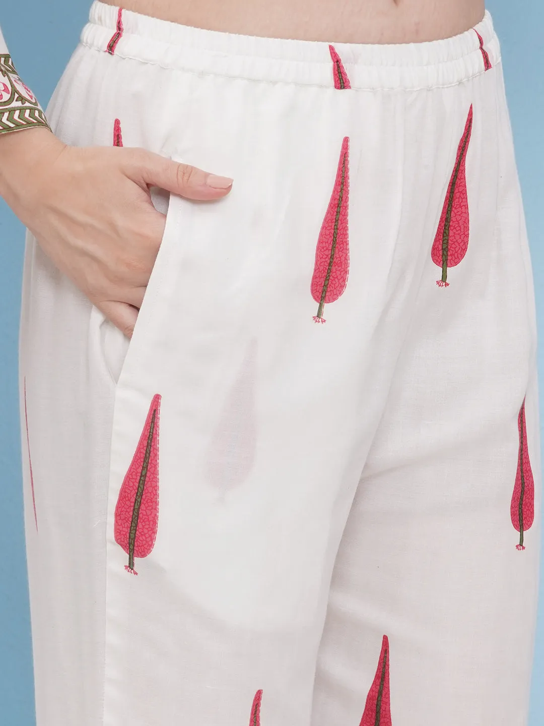 Jashvi White Colour floral printed Straight Kurta with Palazzos Dupatta.
