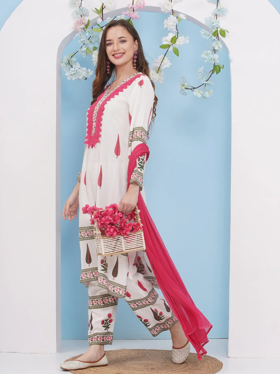 Jashvi White Colour floral printed Straight Kurta with Palazzos Dupatta.