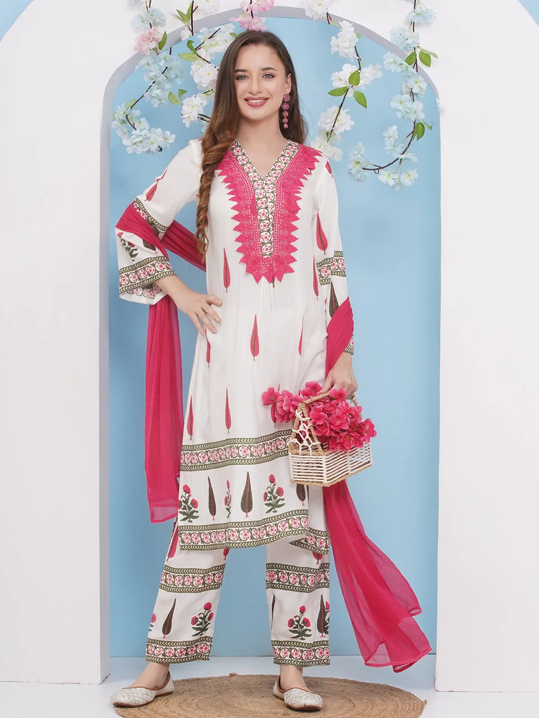Jashvi White Colour floral printed Straight Kurta with Palazzos Dupatta.
