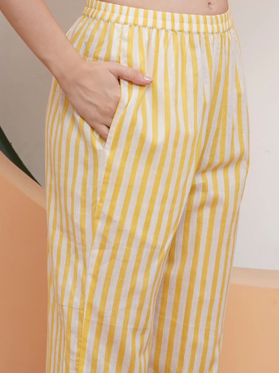 Jashvi Yellow & White Floral With Stripes Printed Kurta set