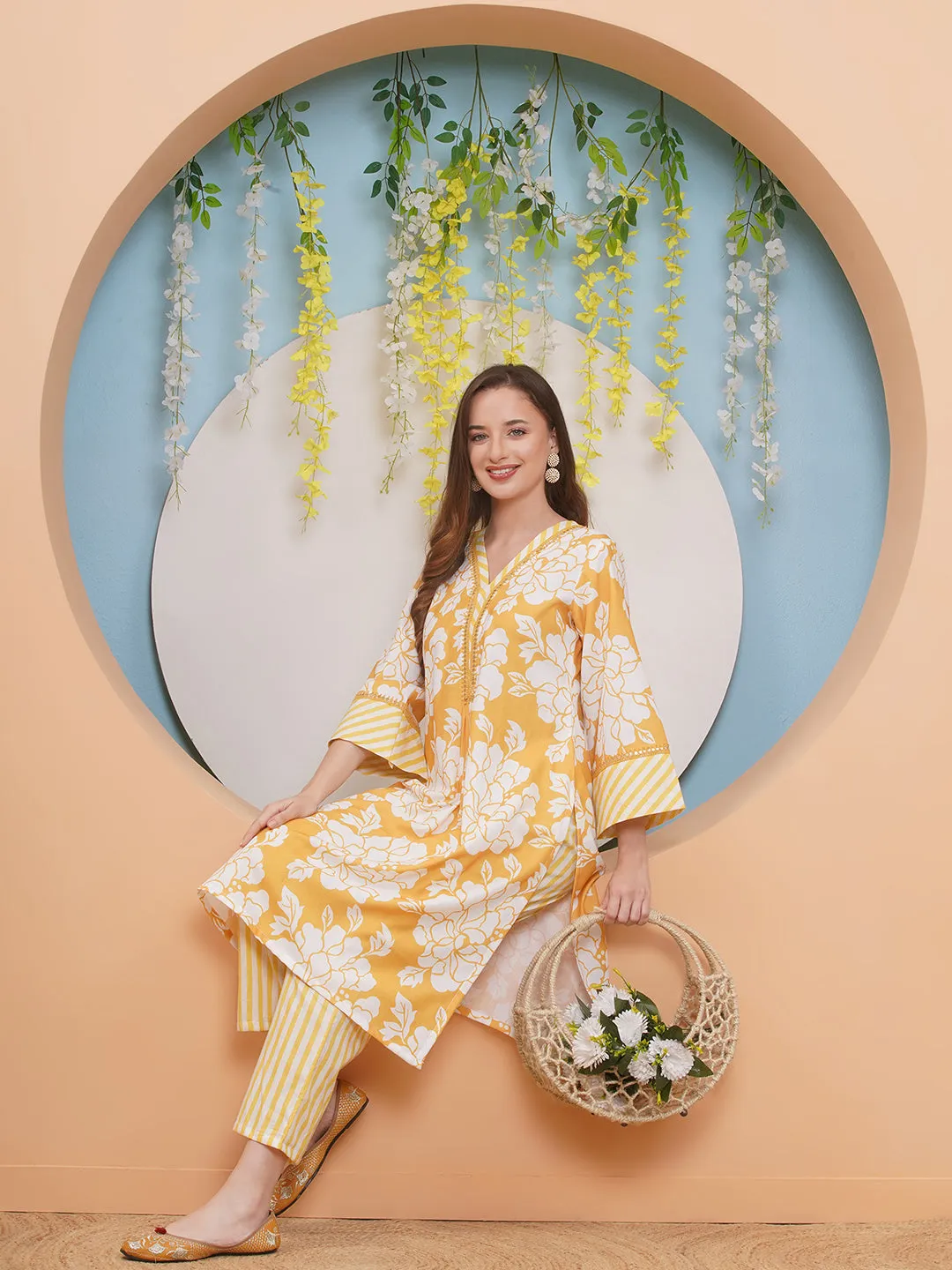 Jashvi Yellow & White Floral With Stripes Printed Kurta set