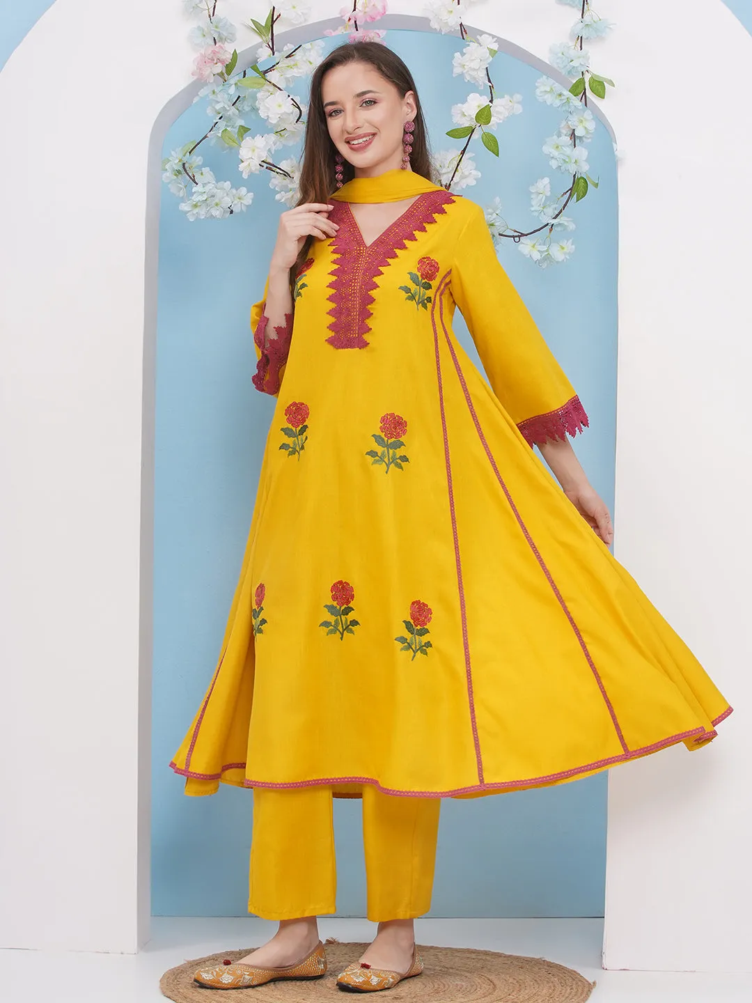 Jashvi Yellow Embroiderd Anarkali Flared Kurta with Palazzos Dupatta.