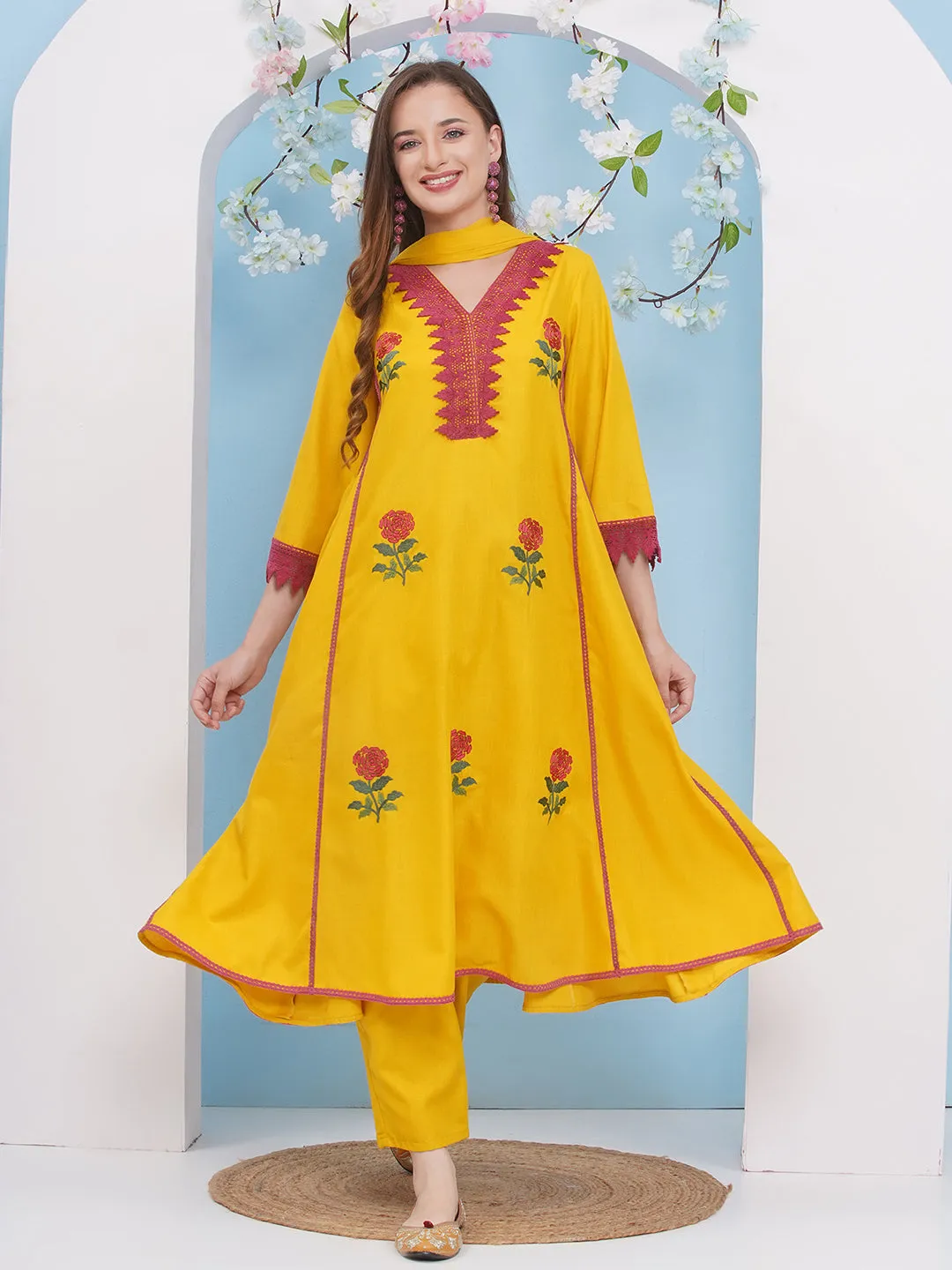 Jashvi Yellow Embroiderd Anarkali Flared Kurta with Palazzos Dupatta.