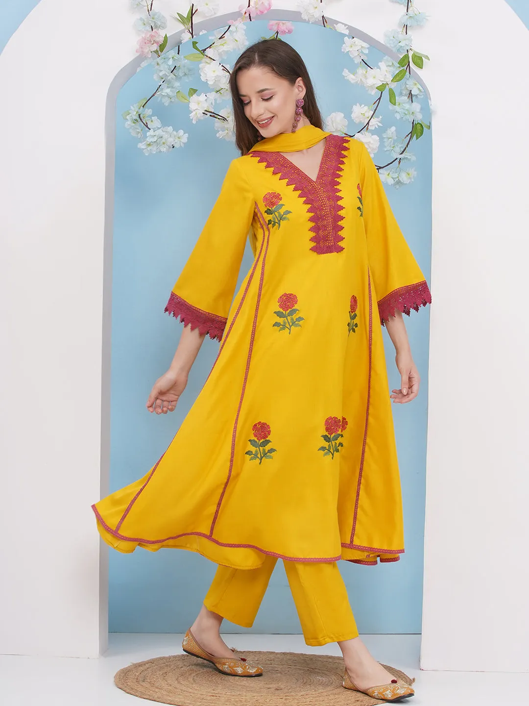Jashvi Yellow Embroiderd Anarkali Flared Kurta with Palazzos Dupatta.
