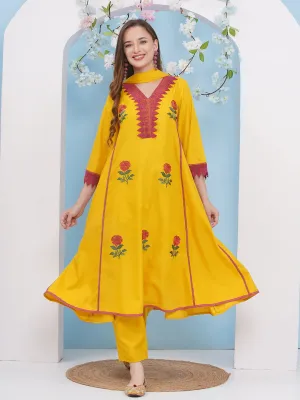 Jashvi Yellow Embroiderd Anarkali Flared Kurta with Palazzos Dupatta.