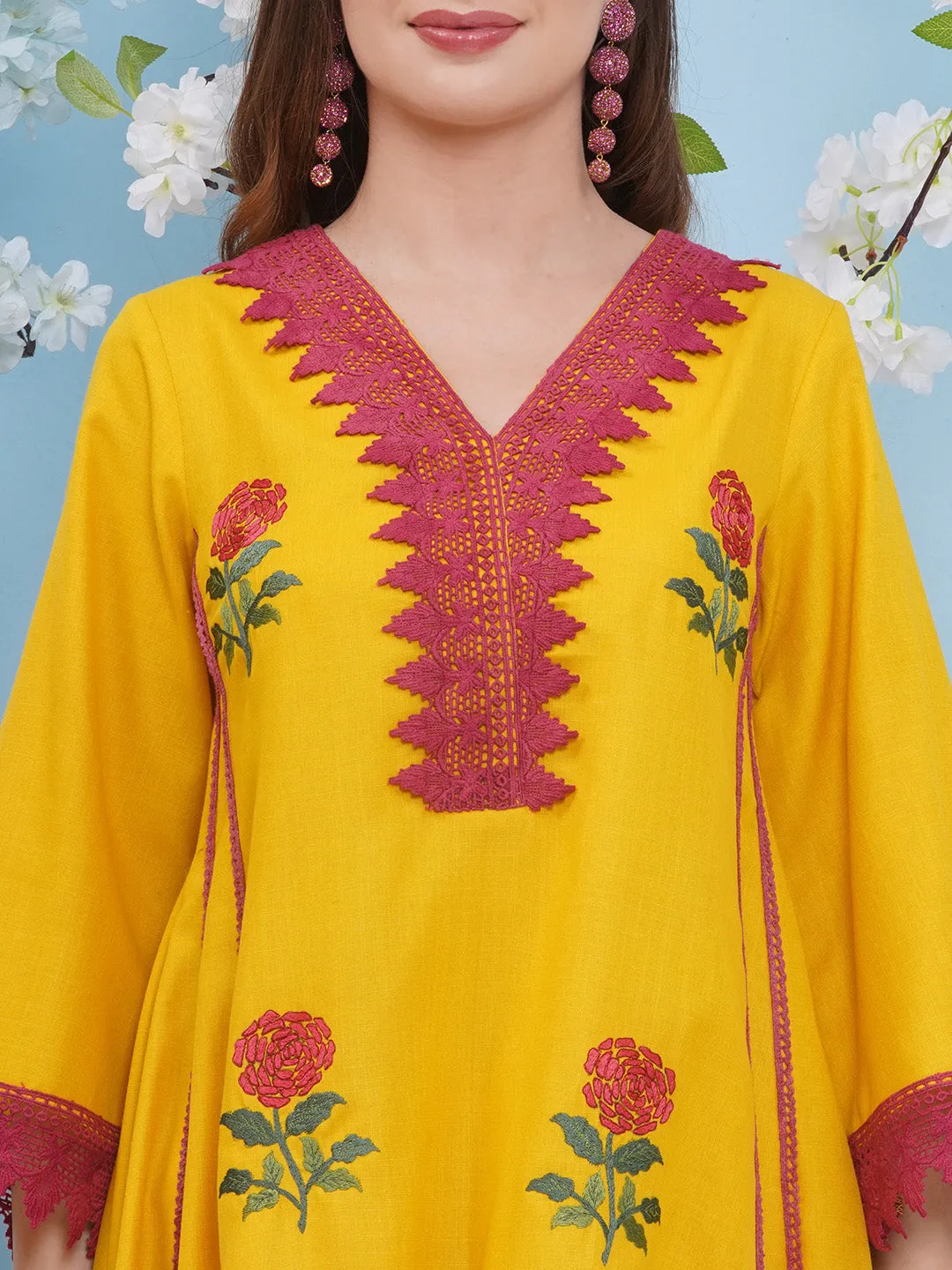 Jashvi Yellow Embroiderd Anarkali Flared Kurta with Palazzos Dupatta.