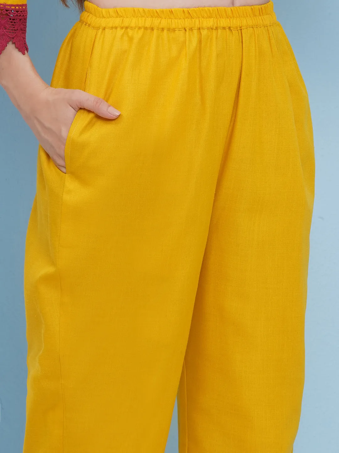 Jashvi Yellow Embroiderd Anarkali Flared Kurta with Palazzos Dupatta.