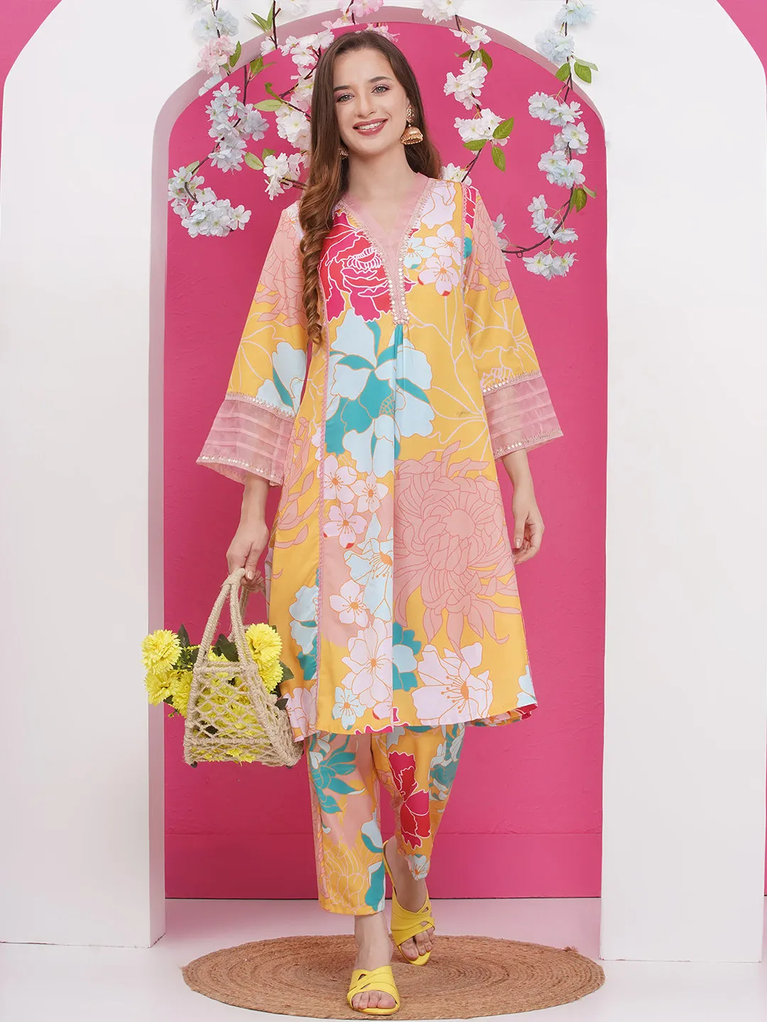 Jashvi Yellow Multi Colour Floral Printed Kurta set