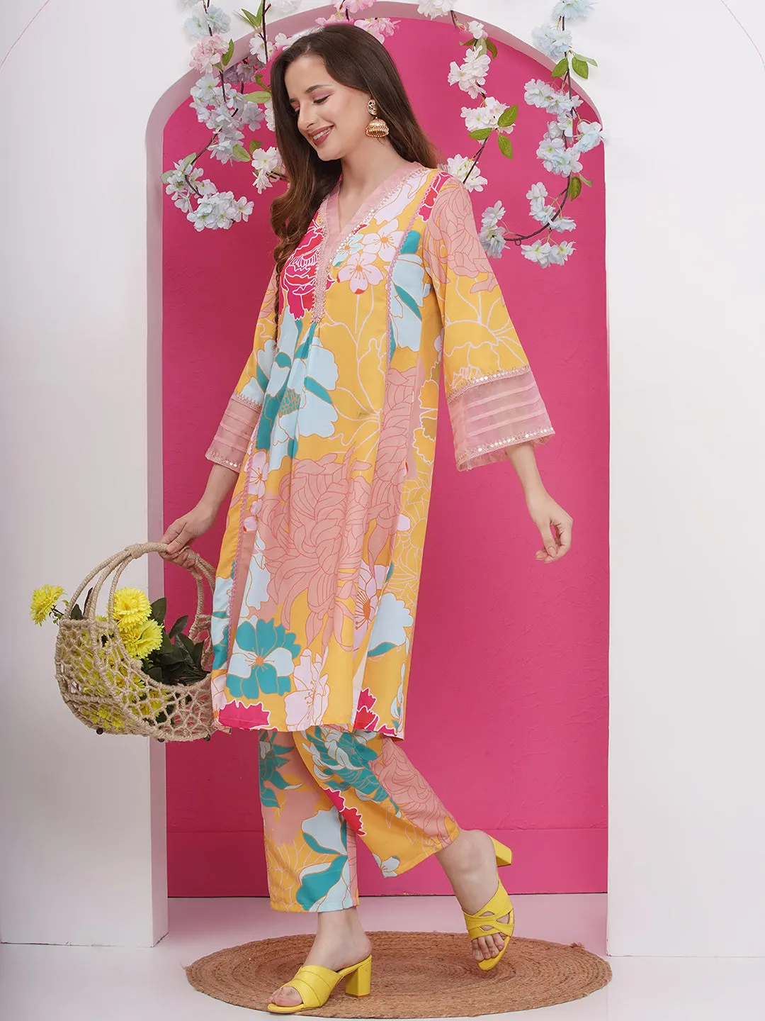 Jashvi Yellow Multi Colour Floral Printed Kurta set