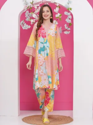 Jashvi Yellow Multi Colour Floral Printed Kurta set