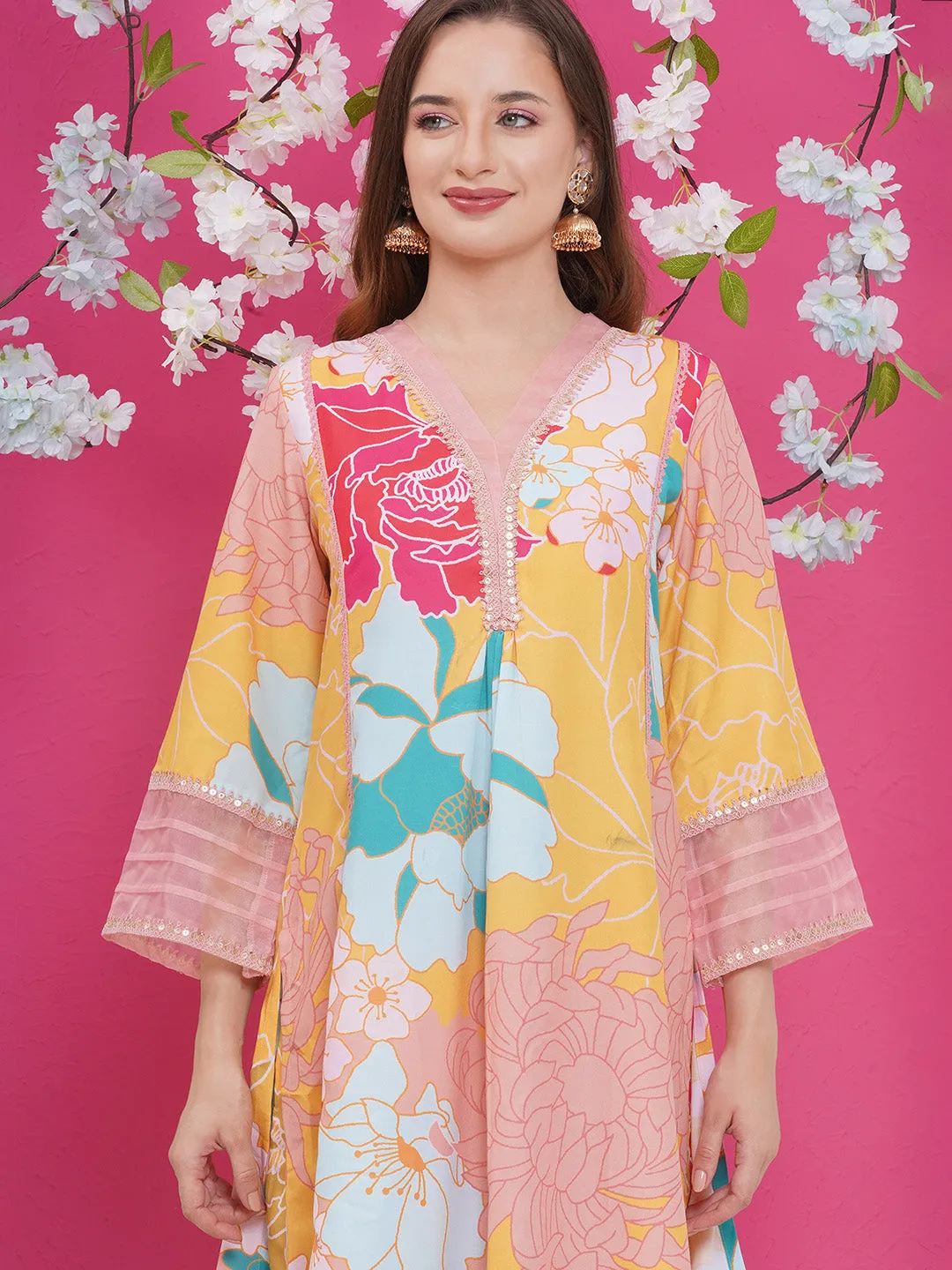 Jashvi Yellow Multi Colour Floral Printed Kurta set
