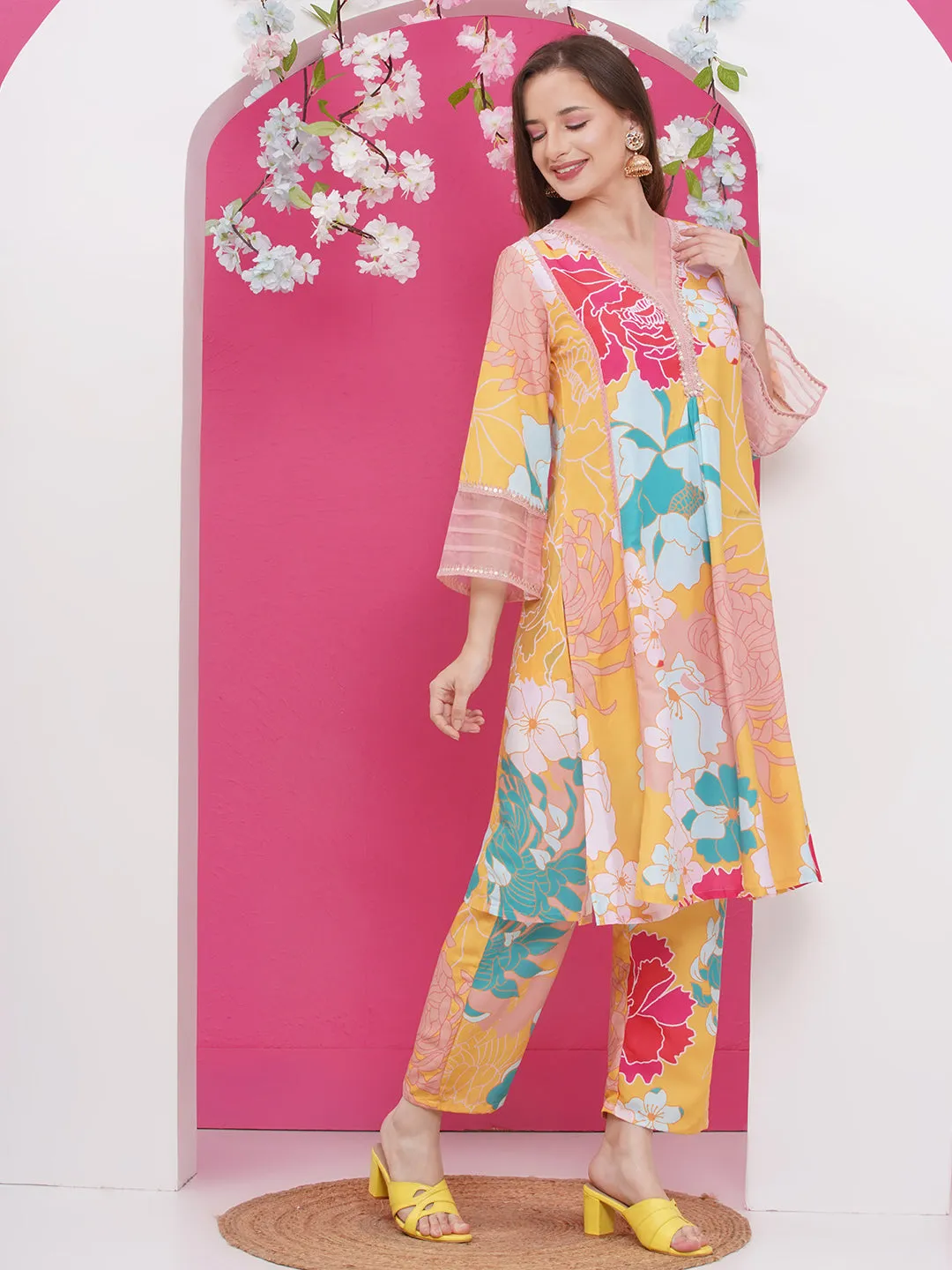 Jashvi Yellow Multi Colour Floral Printed Kurta set