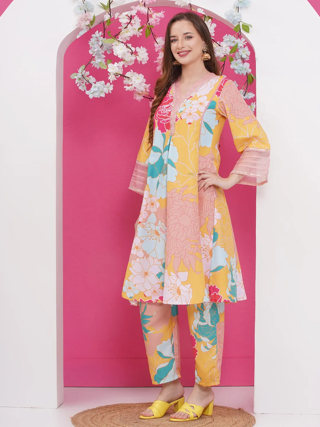 Jashvi Yellow Multi Colour Floral Printed Kurta set