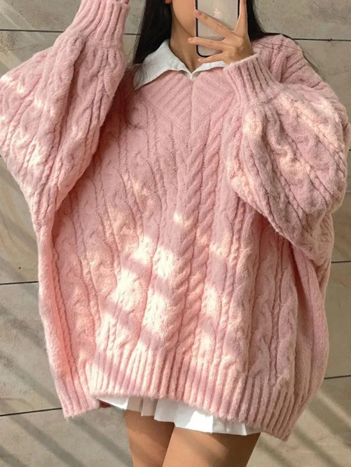 Joskaa Twist Design V Neck Loose Sweater