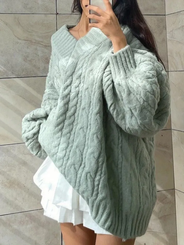 Joskaa Twist Design V Neck Loose Sweater