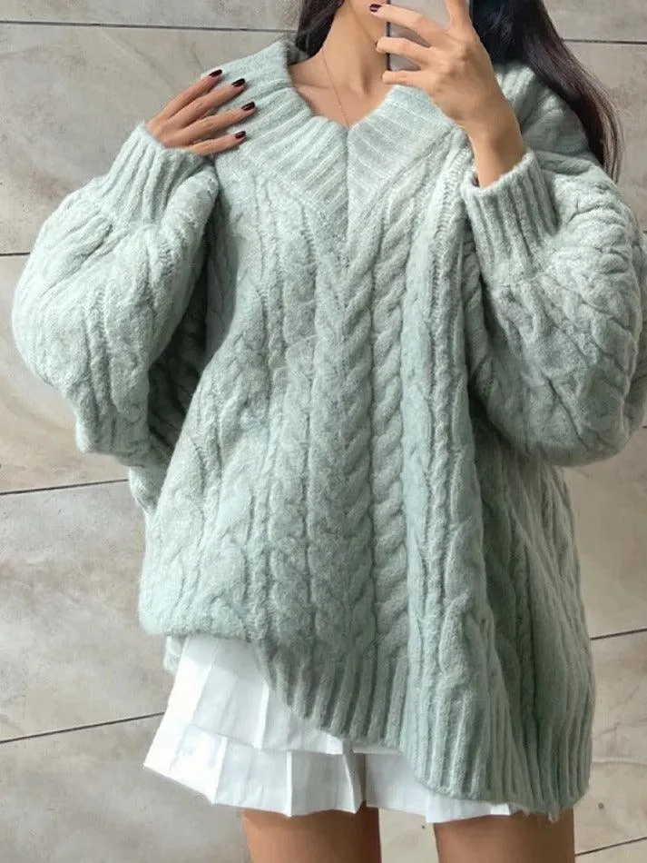 Joskaa Twist Design V Neck Loose Sweater
