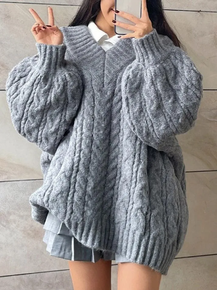 Joskaa Twist Design V Neck Loose Sweater