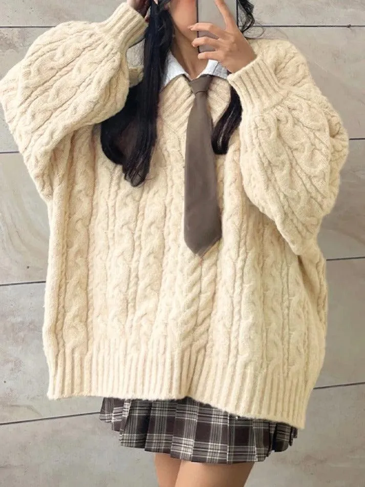 Joskaa Twist Design V Neck Loose Sweater