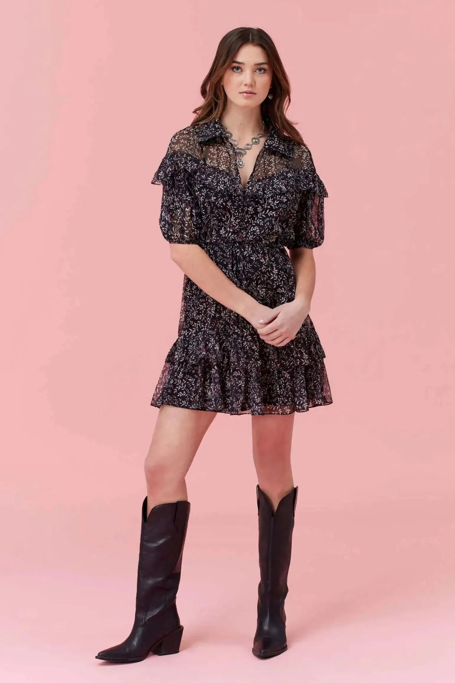Jovie Dress | Puff-sleeve Floral Babydoll Mini Dress with Ruffles