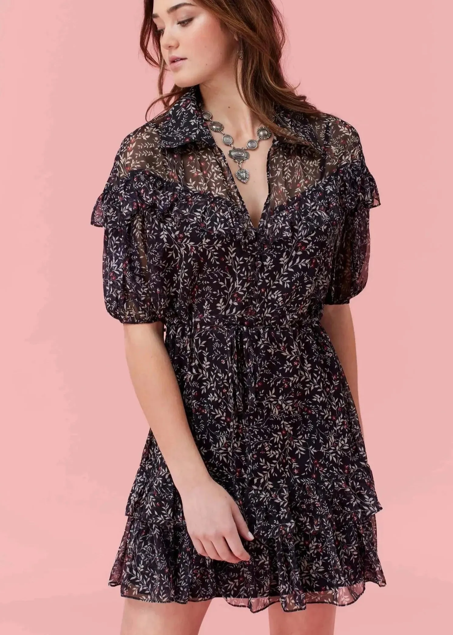 Jovie Dress | Puff-sleeve Floral Babydoll Mini Dress with Ruffles