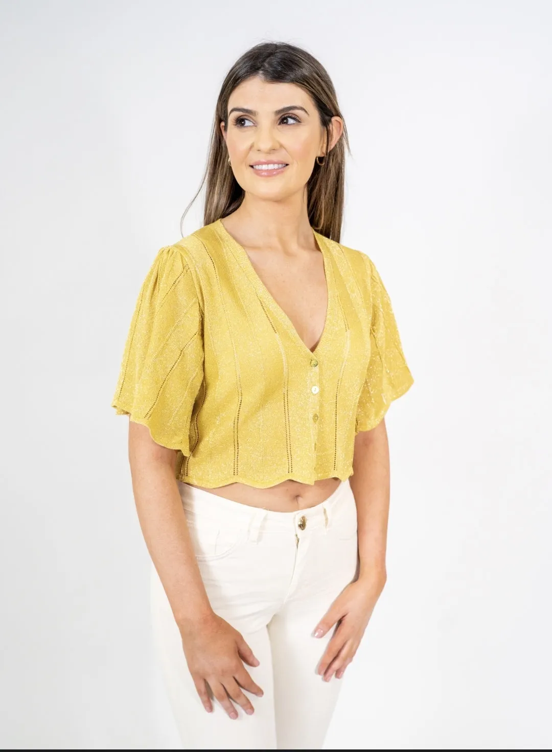 KAOS Orange Scalloped Lurex V Neck Cardigan