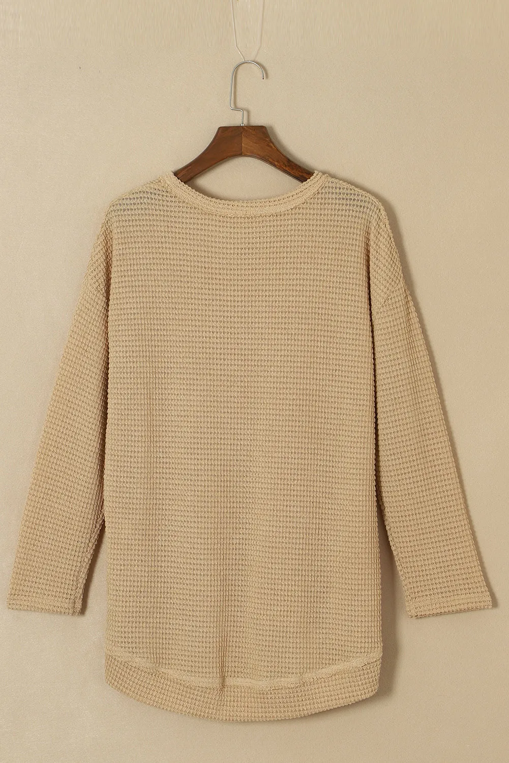 Khaki Plain Waffle Knit Drop Sleeve Side Slits Oversized Top
