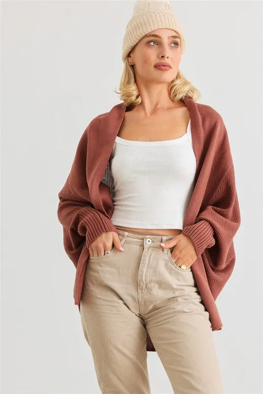 Knit Batwing Sleeve Open Front Cardigan - Brick