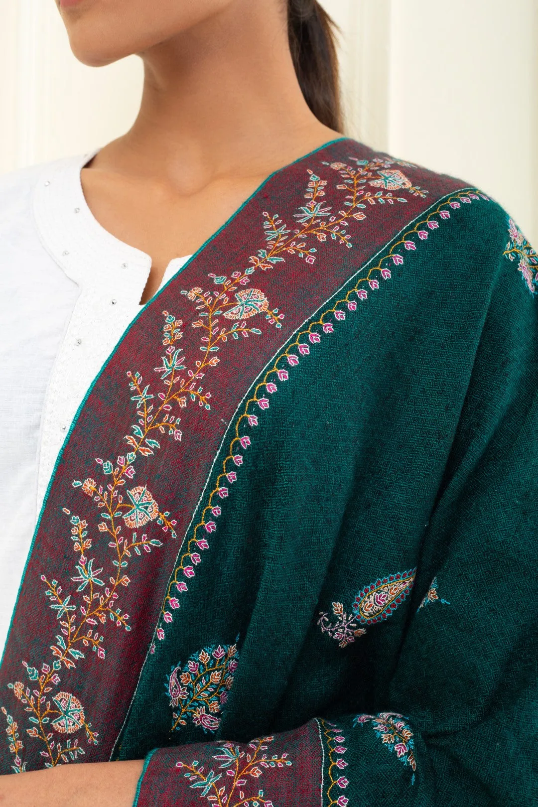 KongPosh Green Butidar Dourdar Embroidered Pashmina Shawl