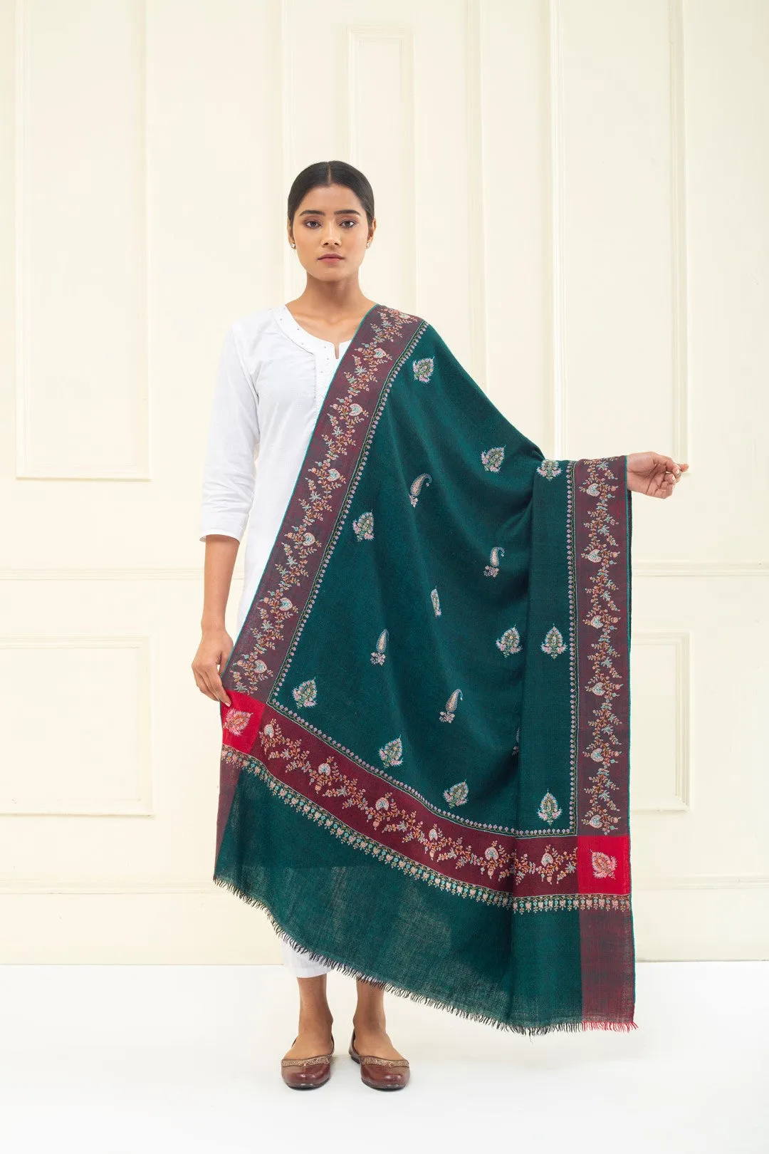 KongPosh Green Butidar Dourdar Embroidered Pashmina Shawl
