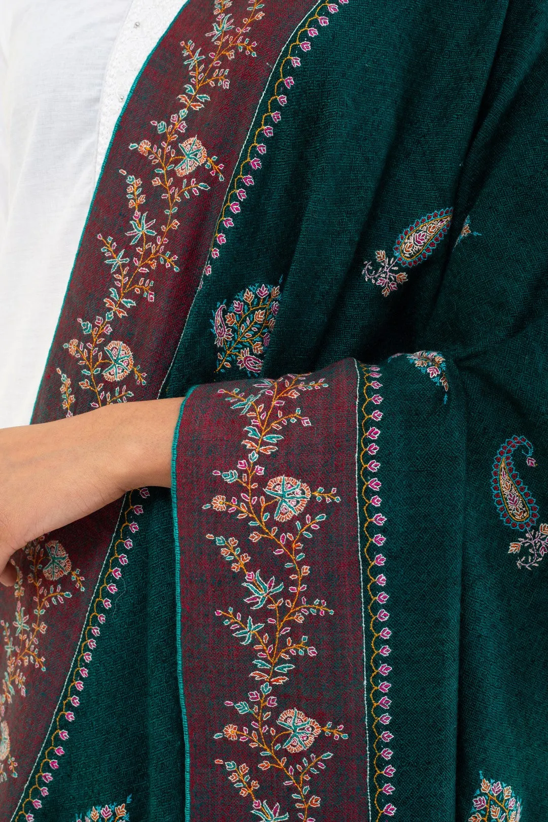 KongPosh Green Butidar Dourdar Embroidered Pashmina Shawl