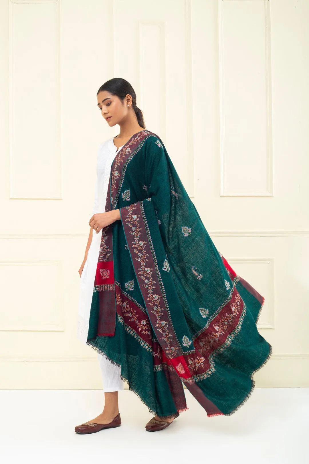 KongPosh Green Butidar Dourdar Embroidered Pashmina Shawl