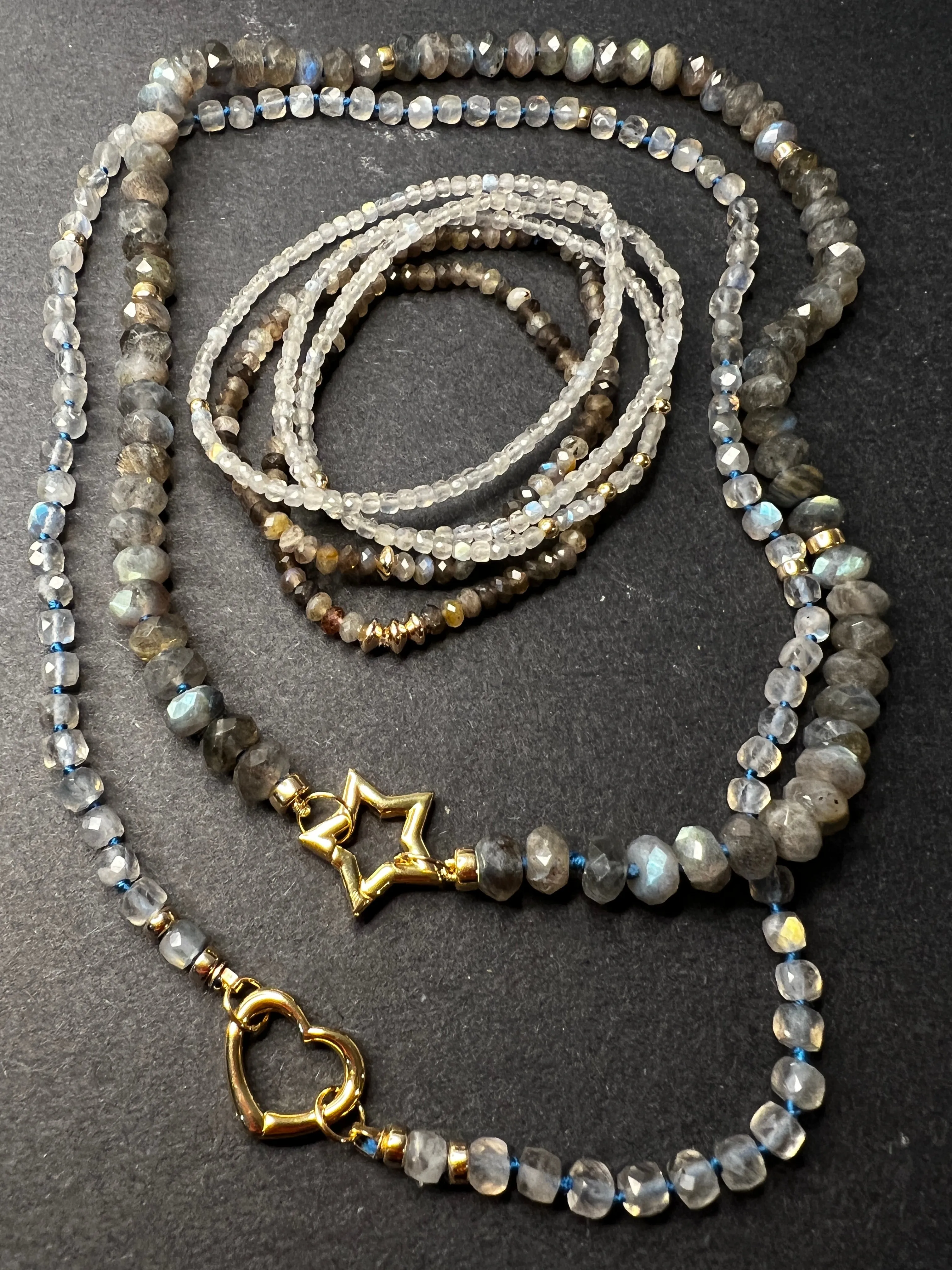 Labradorite & Rainbow Moonstone Layering Bracelets