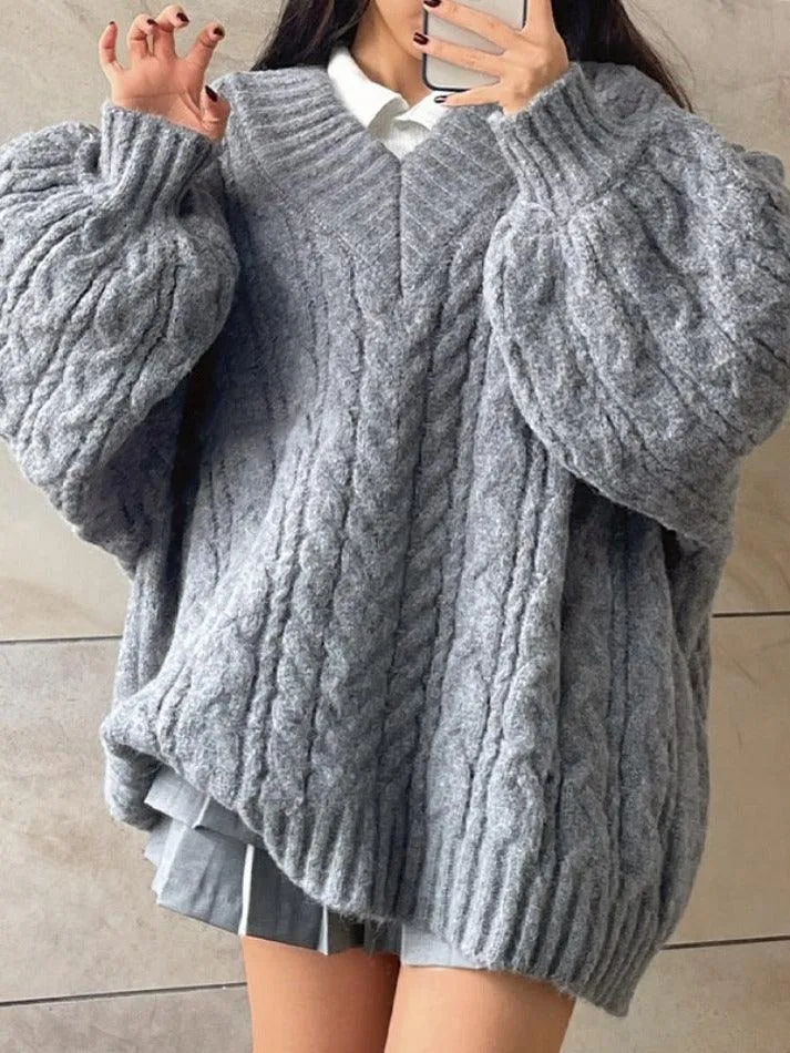 LANFUBEISI - Twist Design V Neck Loose Sweater