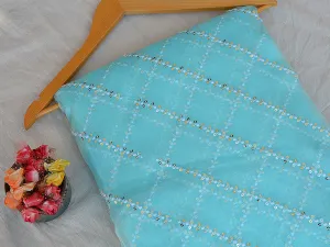 Light Aqua Blue Checks Tissue Organza Sequins Geometric Embroidered Fabric