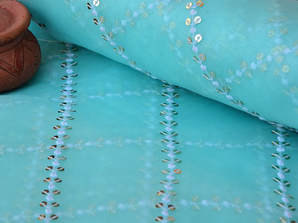 Light Aqua Blue Checks Tissue Organza Sequins Geometric Embroidered Fabric