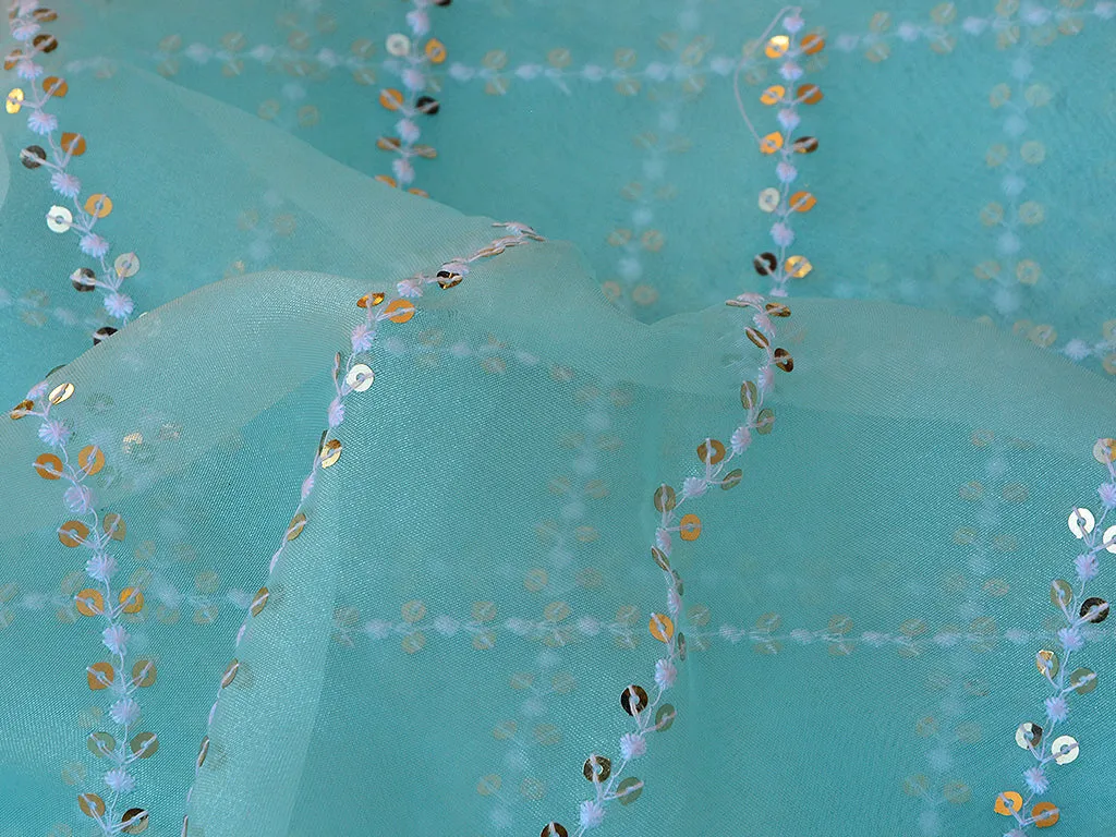 Light Aqua Blue Checks Tissue Organza Sequins Geometric Embroidered Fabric