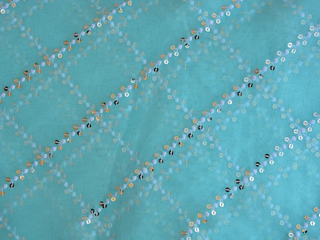 Light Aqua Blue Checks Tissue Organza Sequins Geometric Embroidered Fabric