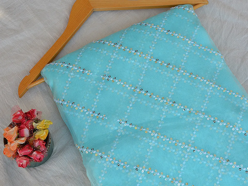 Light Aqua Blue Checks Tissue Organza Sequins Geometric Embroidered Fabric