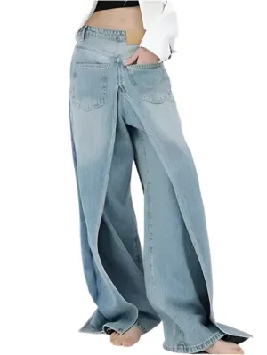 Light blue double jeans front back wide leg washed pants